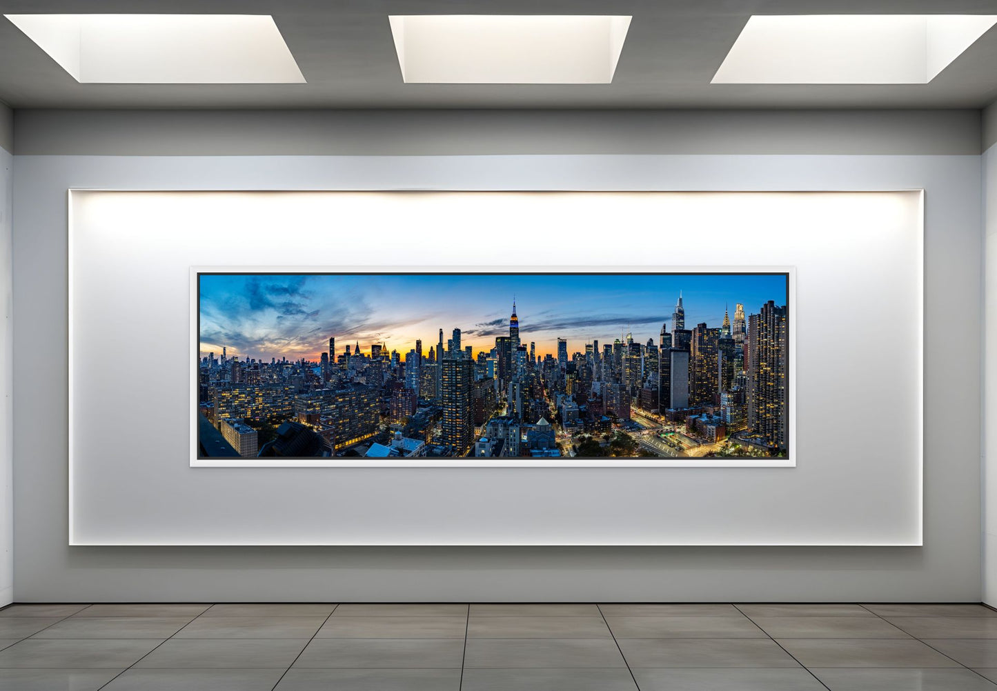 large-format NYC panoramic sunset from midtown manhattan rooftop