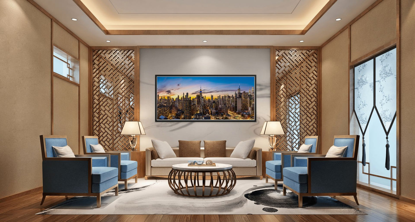 Vibrant new York City panoramic skyline at sunset