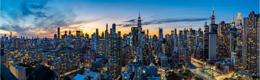 Main image large-format NYC panoramic sunset from midtown manhattan rooftop