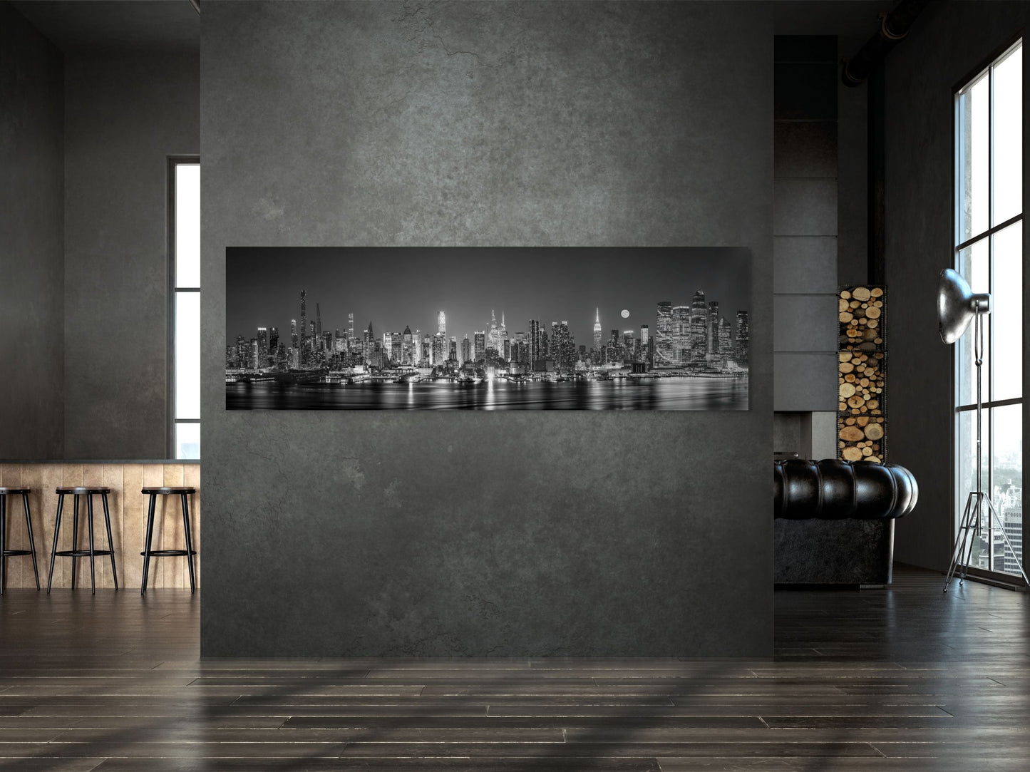New York City panoramic skyline color photo print under Acrylic glass in B&W