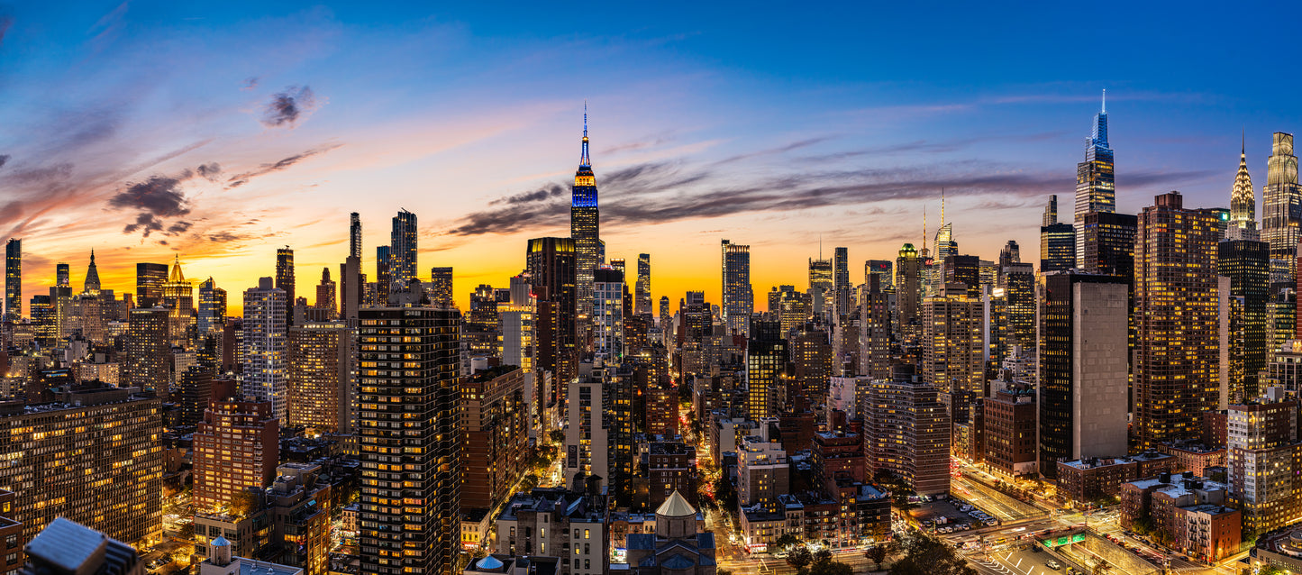 Vibrant new York City panoramic skyline at sunset