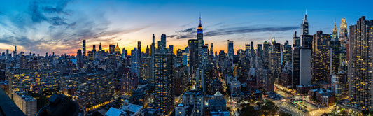 large-format NYC panoramic sunset from midtown manhattan rooftop