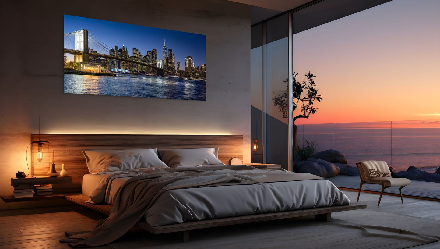 lower manhattan skyline at sunset from Dumbo