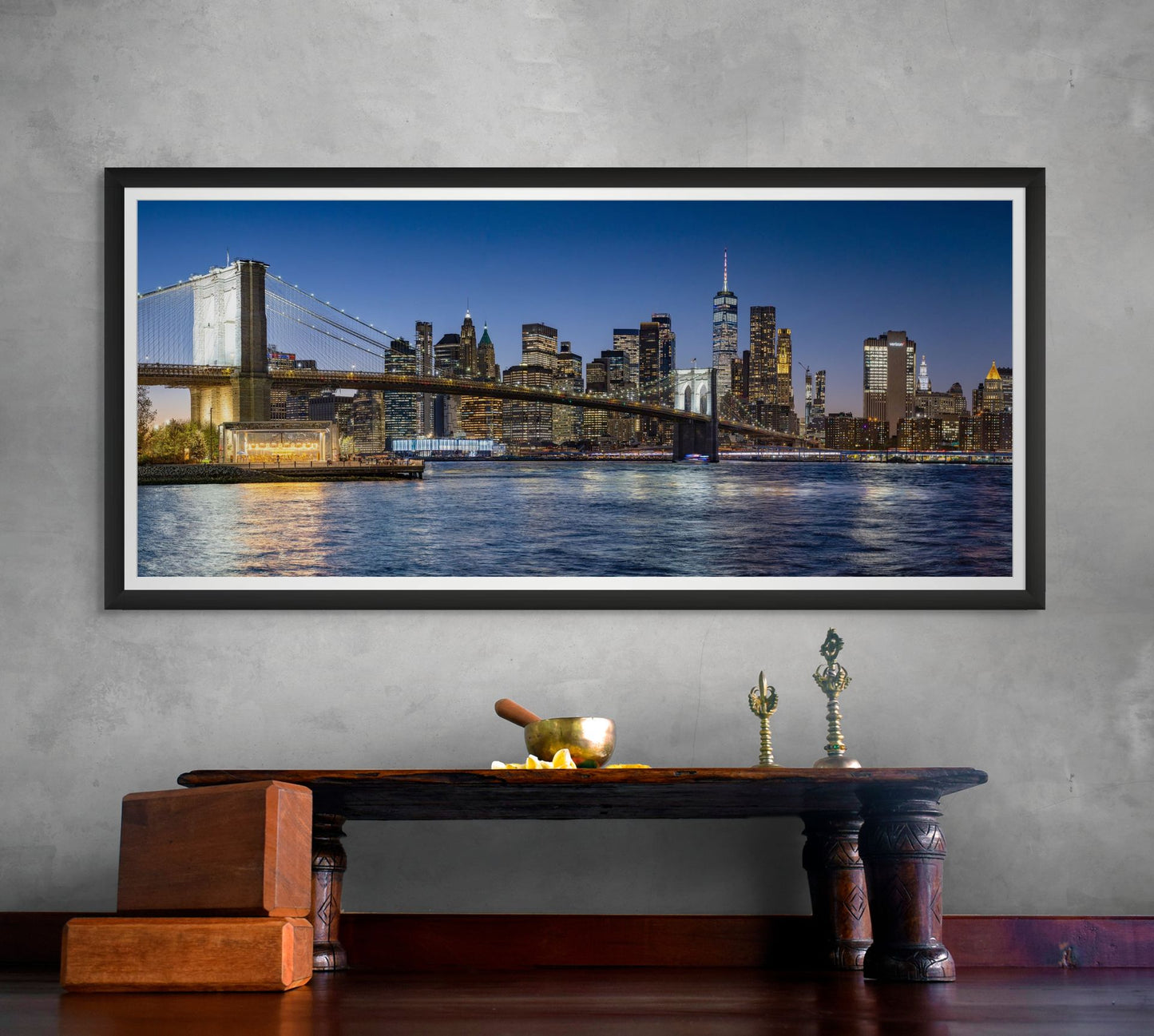 lower manhattan skyline at sunset from Dumbo