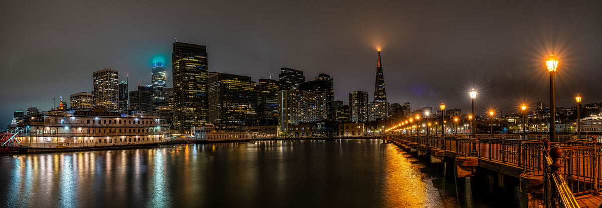 San Francisco downtown panorama from Pier 7 on a misty night